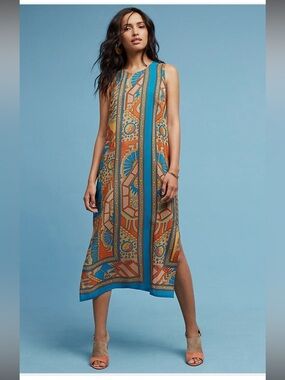 Sleeveless Silk Bohemian Midi Dress in Teal and Rust size Anthropologie 14